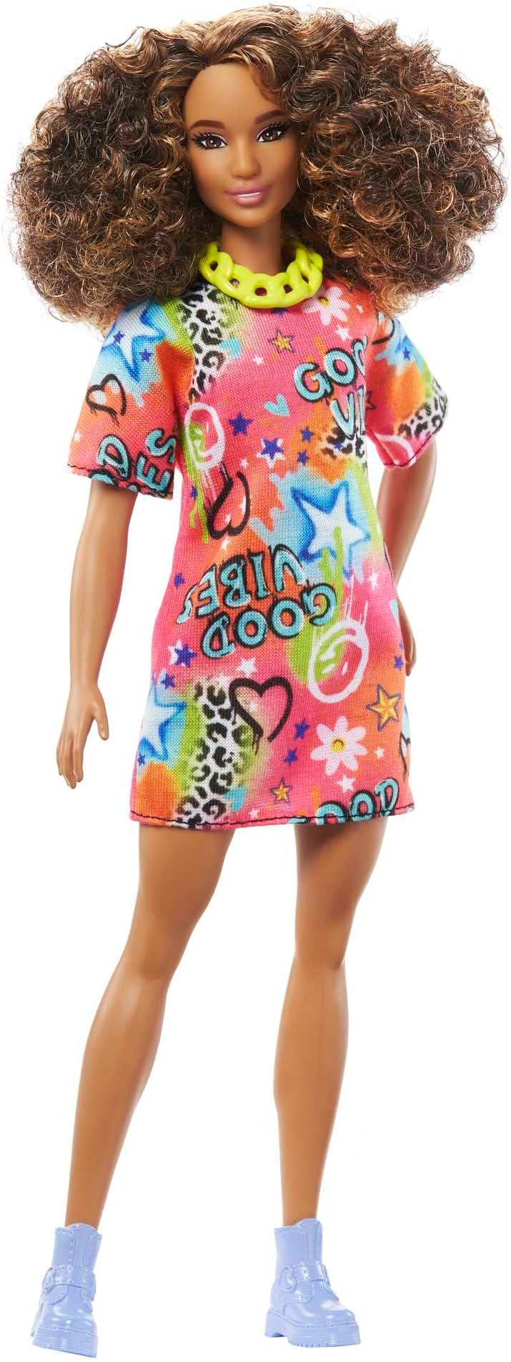Barbie Doll, Kids Toys, Curly Brown Hair, Barbie Fashionistas, Athletic Body Shape, Graffiti-Print T-Shirt Dress, Clothes and Accessories, HPF77