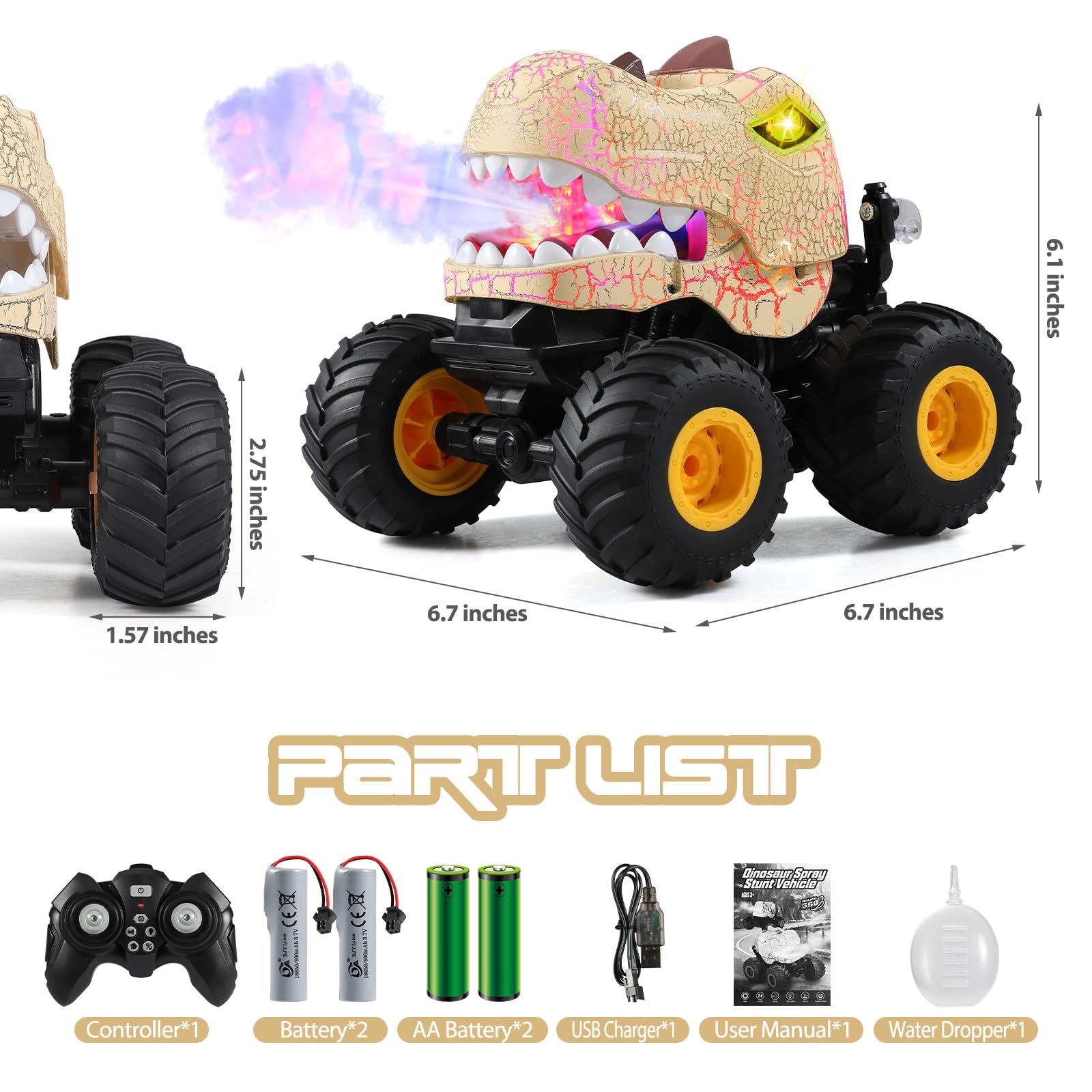 DYODYORC Remote Control Car, 2.4Ghz All Terrain Dinosaur Monster Truck Toys, RC Truck with Spay, Music, 3 Lighting Effects, Stunt Capable, Toy Gifts for Boys and Girls (Yellow)