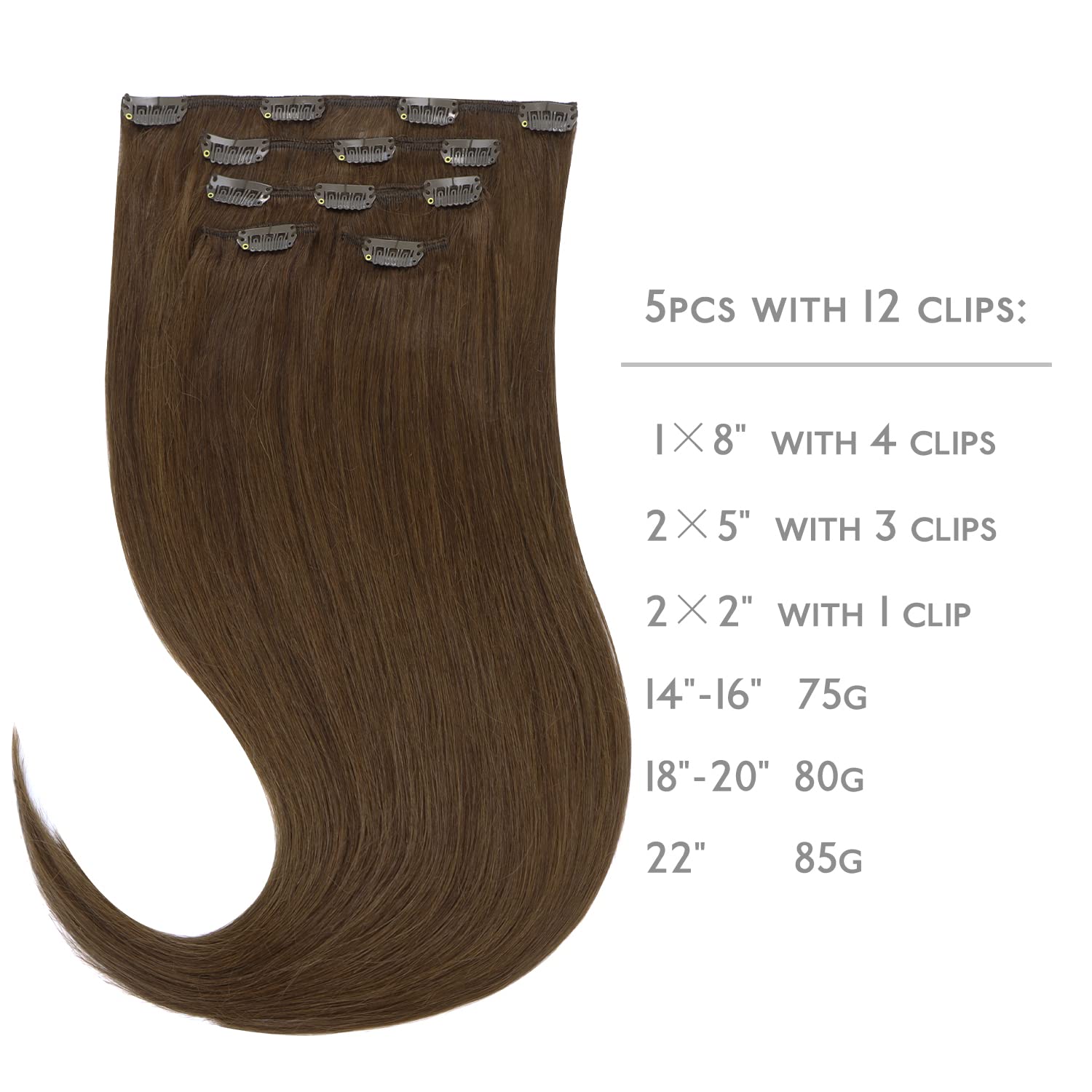 WENNALIFE Extension con clip in capelli veri, 80 g, 5 pezzi, 50 cm, colore marrone cioccolato