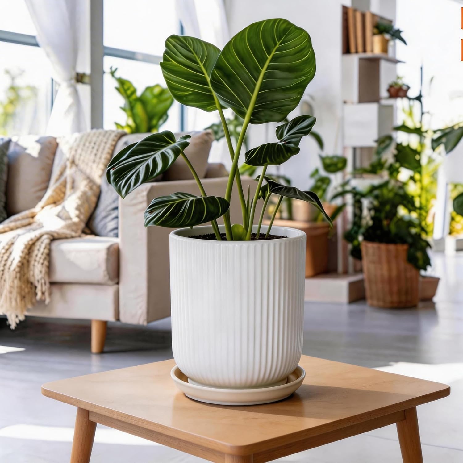 Deep Dream 8 Inch Ceramic Pots for Plants, Plant Pot for Indoor Outdoor Plants, Large Plant Pot with Drainage Hole and Saucer, Modern Flower Pot, Gifts for Plant Lovers, White