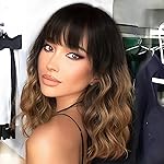 AISI HAIR Ombre Brown Short Wavy Bob Wigs with Bangs for Women Ombre Brown Wavy Wig Natural Looking Resistant Fiber Synthetic Hair for Daily