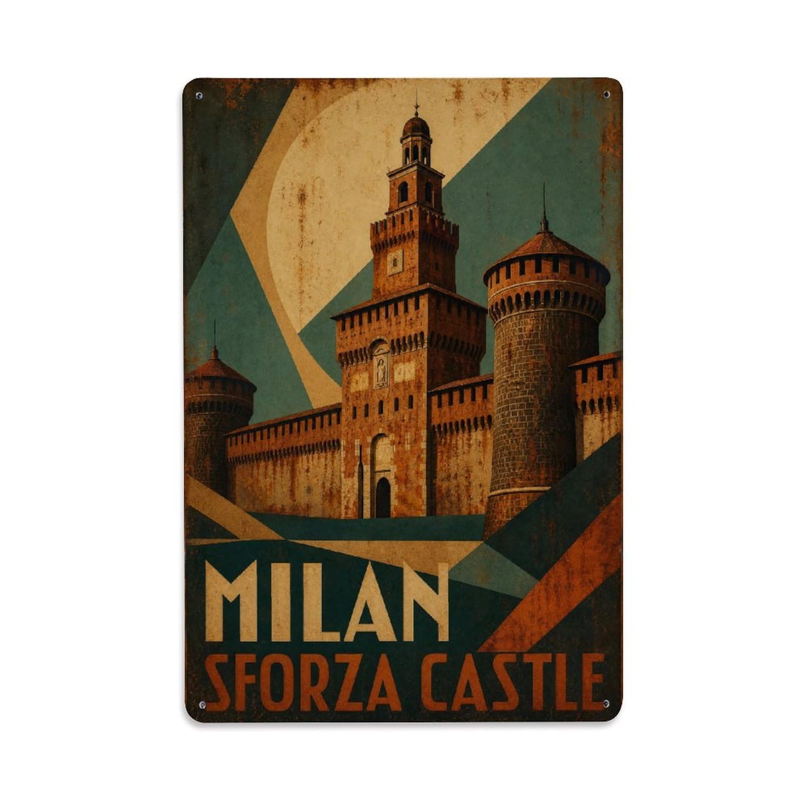 Huiyhb 8X12inch(20X30cm) Vintage Travel Milan Sforza Castle Medieval Heritage Italy Metal Tin Sign