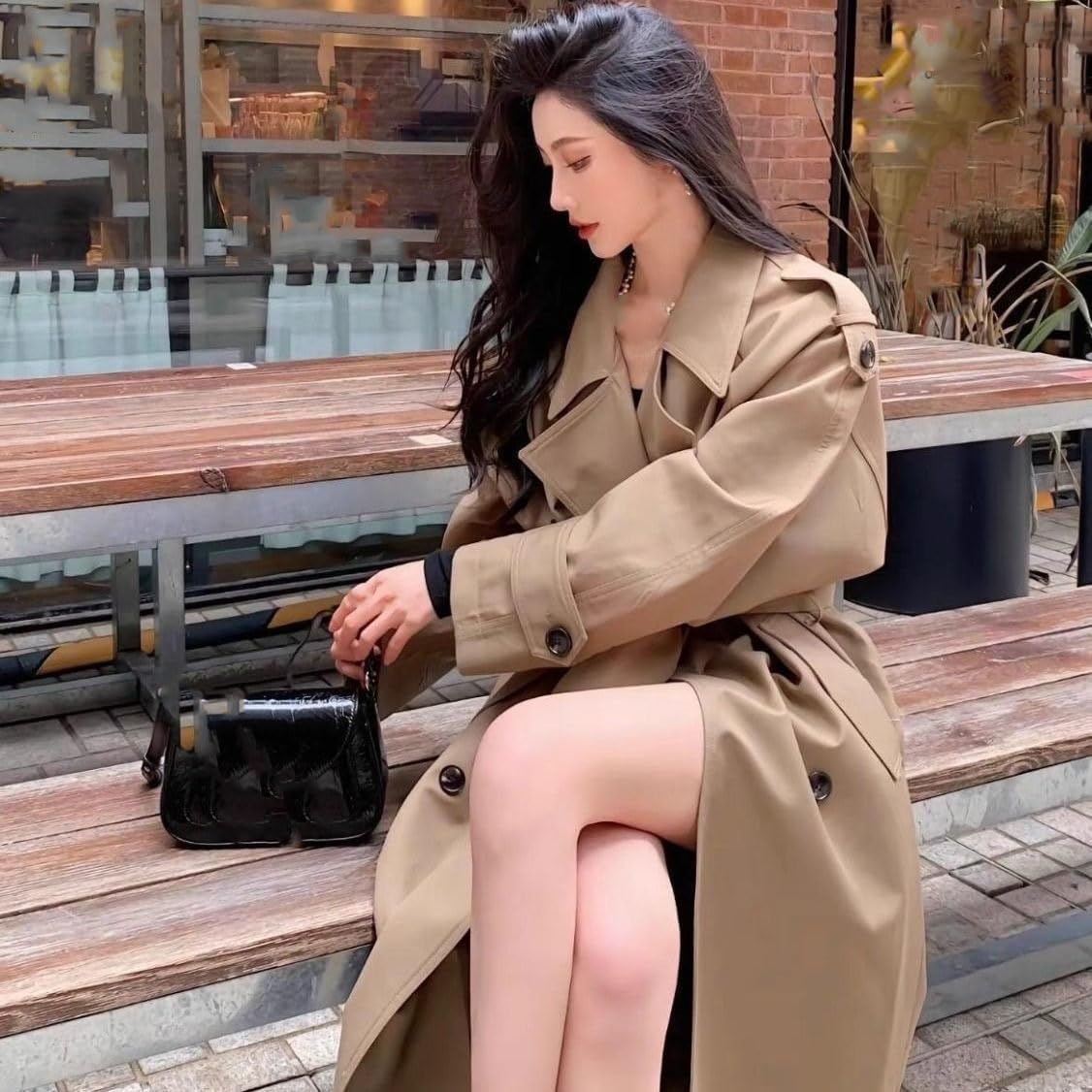 HSQIBAOER Women's Overcoats Spring Fall British Style Casual Retro Trench Coat