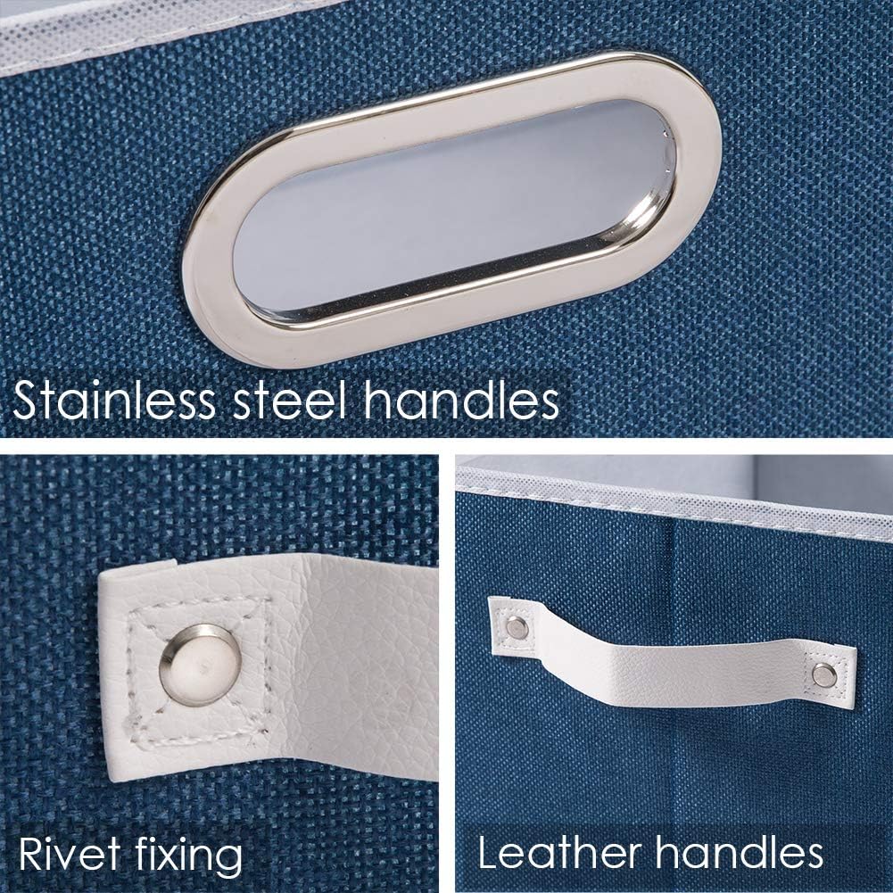 PRANDOM Large Collapsible Storage Baskets for Closet [5-pack] Decorative Fabric Storage Bins Cubes with Leather/Metal Handles for Shelves Bedroom Living Room Royal Blue (14.9x9.8x8.3 Inch) - Image 4