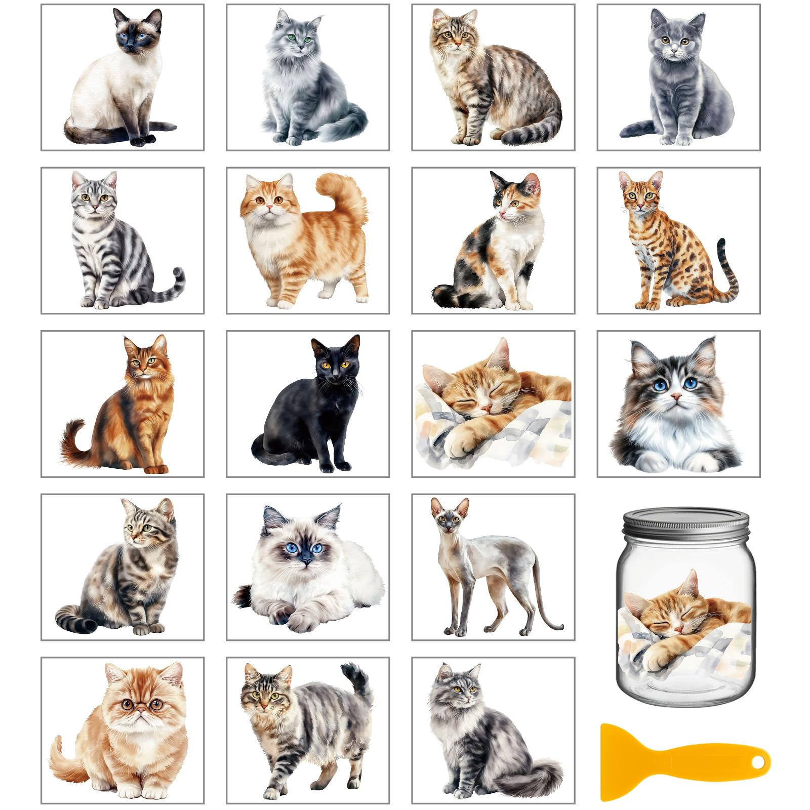 Pegatinas de fricción de gatos realistas en 18 hojas transferibles para arte