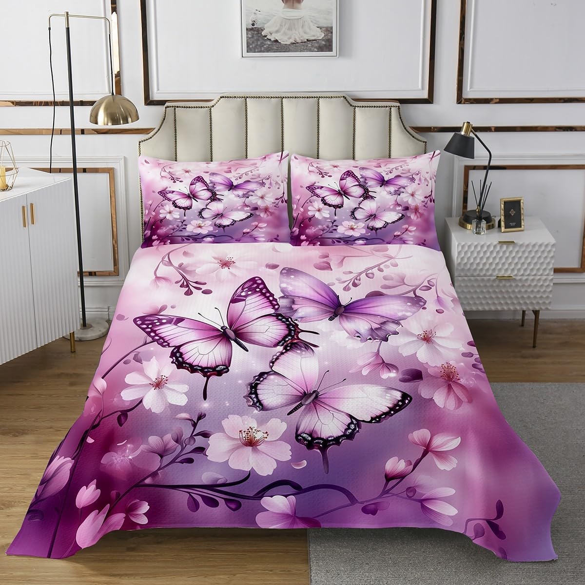 Homewish Butterfly Bedspread Twin Size,Pink Cherry Blossom Bedding Set 2Pcs for Kids Girls Boys Teens Room Decor,Nature Plants Animals Comforter Set Romantic Sweet Style Quilt Coverlet,1 Pillowcase