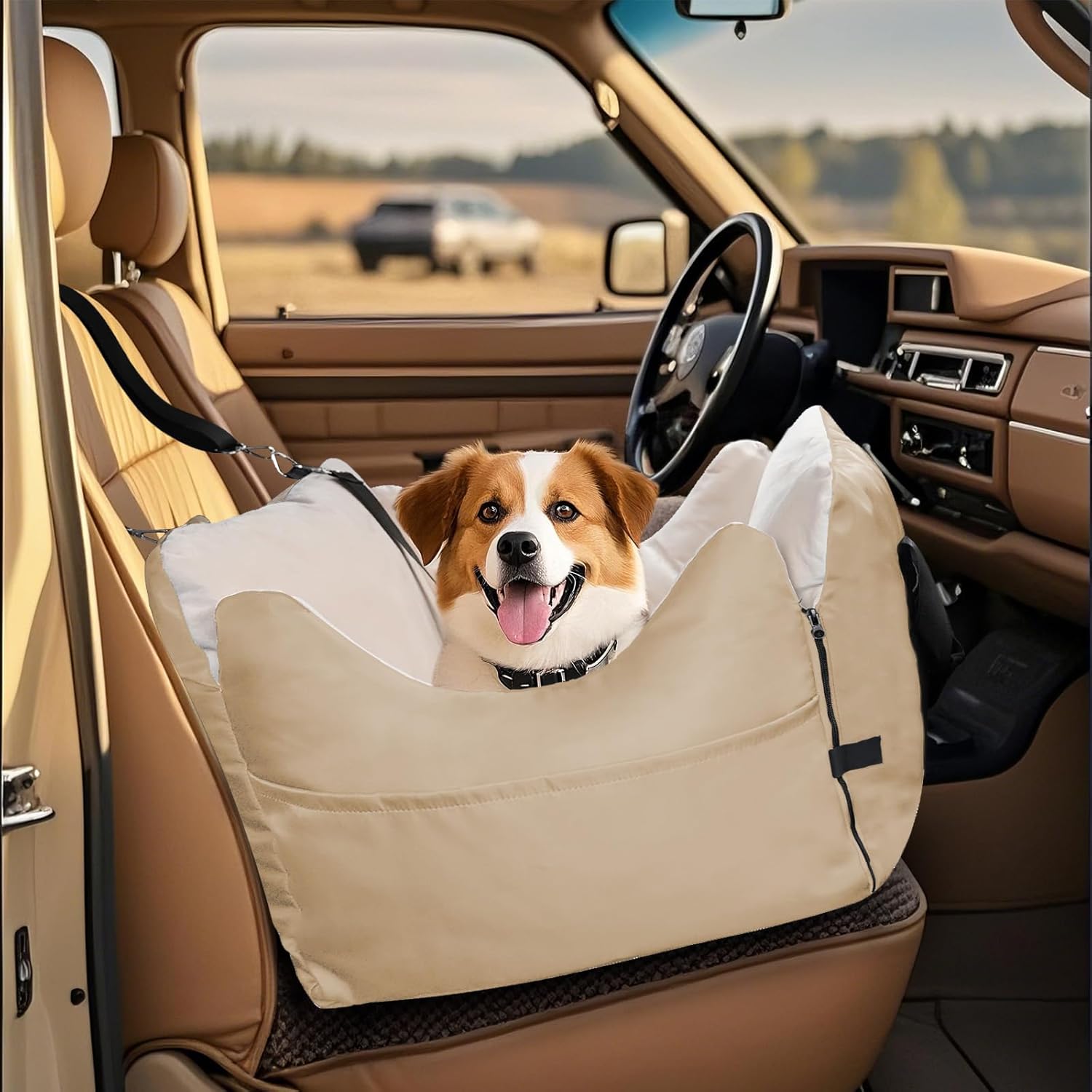 Dog Car Seat for Small Dogs, Portable Dog Booster Seat with 2 Safety Leashes, Waterproof and Comfortable with Thick Foam Filling, Pet Travel Carrier Bed with Storage Pockets (Beige, Small)