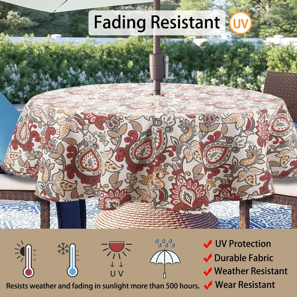 60" Round Tablecloth with Umbrella Hole and Zipper, Washable Waterproof Wrinkle Free Zippered Patio Table Cloths Table Covers for Spring, Summer, Party, Backyard, Picnic, BBQS (Botanical Red Orange)