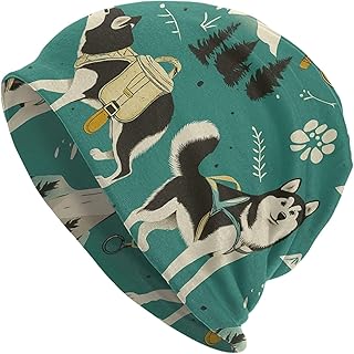 Winter Huskie Dog and Snowflake Beanie Skull Cap Unisex Knit Slouchy Winter Thermal Hat for Men Women