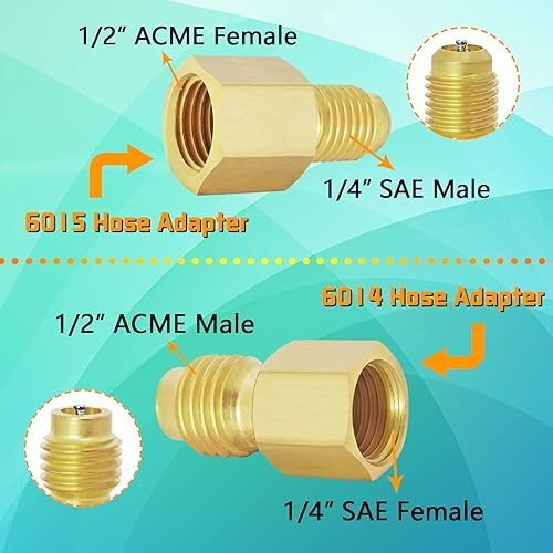 Miniatura 7 de Juego de 3 mangueras de calibre de colector de CA con autosellado y punción estilo R134A, acopladores rápidos ajustables R134a, adaptadores de