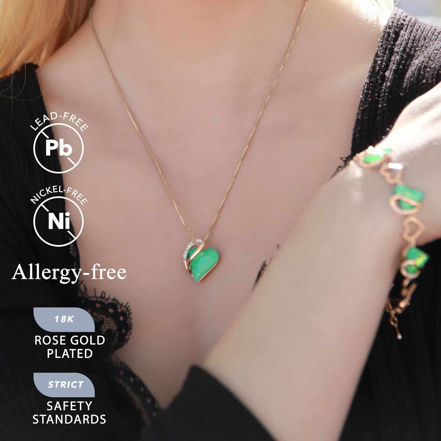 Leafael Rose Gold Plated Necklace for Women: Heart Shaped Birthstone/Healing Crystals Center, Dazzling Cubic Zirconia, Hypoallergenic Chain (18"+2"), Jewelry Gifts for Anniversaries and Birthdays - Image 2