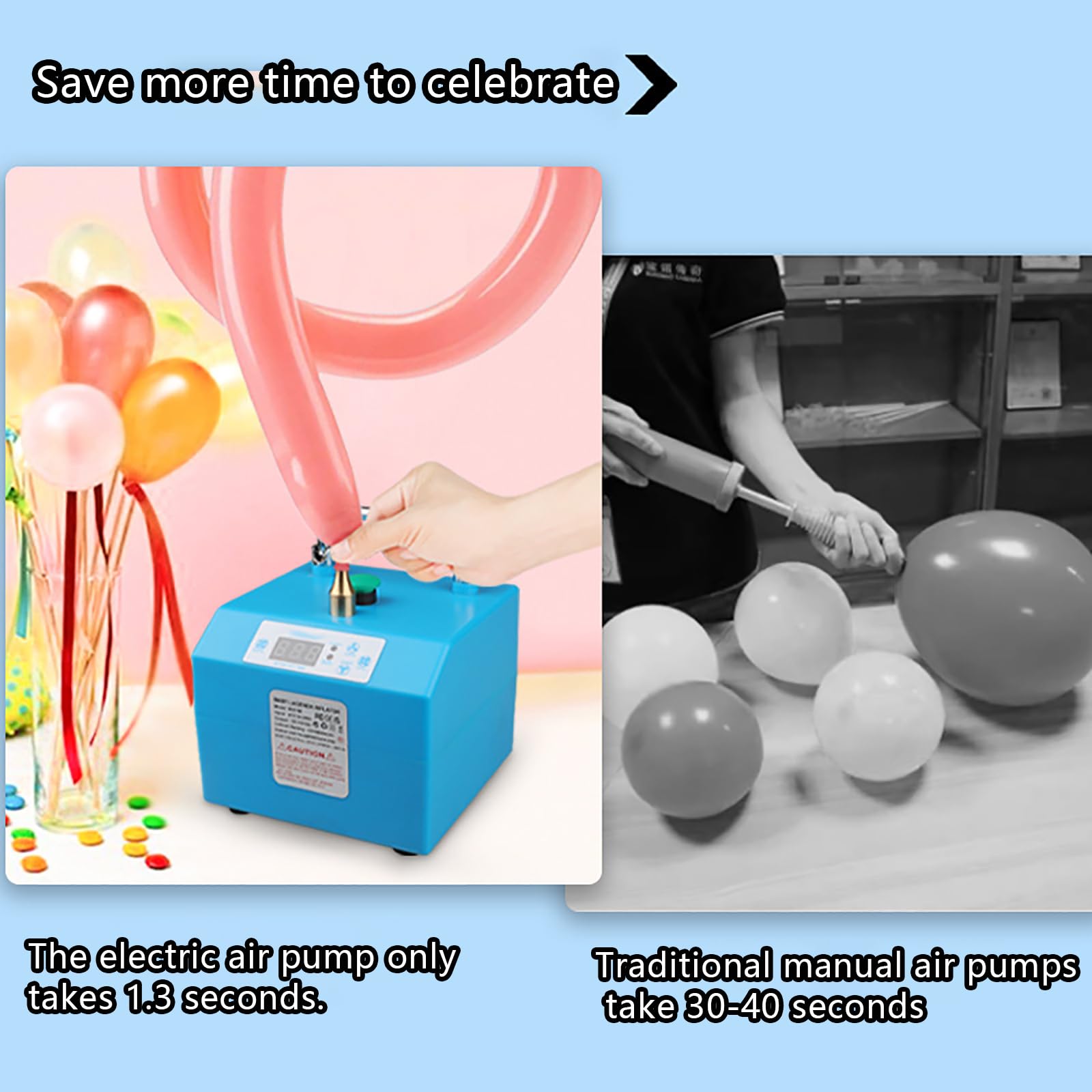 Elektryczna pompka do balonów – przenośna dmuchawa do nadmuchiwania z timerem i sterowaniem pedałem, możliwość podwójnego połączenia, zakres czasowy 0,1-9,9 S, wydajne rozpraszanie ciepła do dekoracji