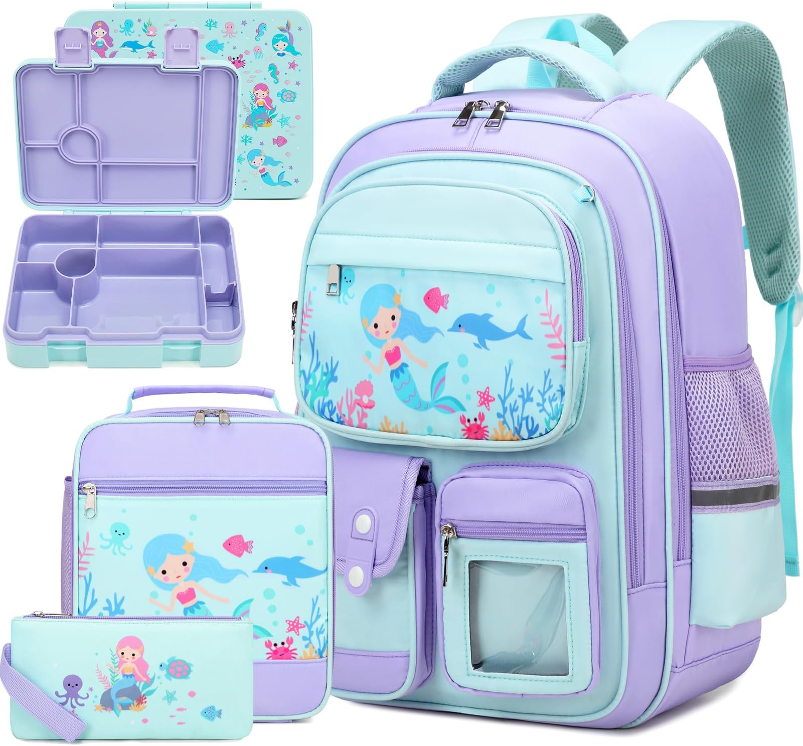 5pcs Girls Backpack with Bento Lunch Box Set, Kids Backpack for School with Lunch Box Lunch Bag Pencil Case, Cute Kawaii Backpack Set, Bookbag for Elementary Middle High School