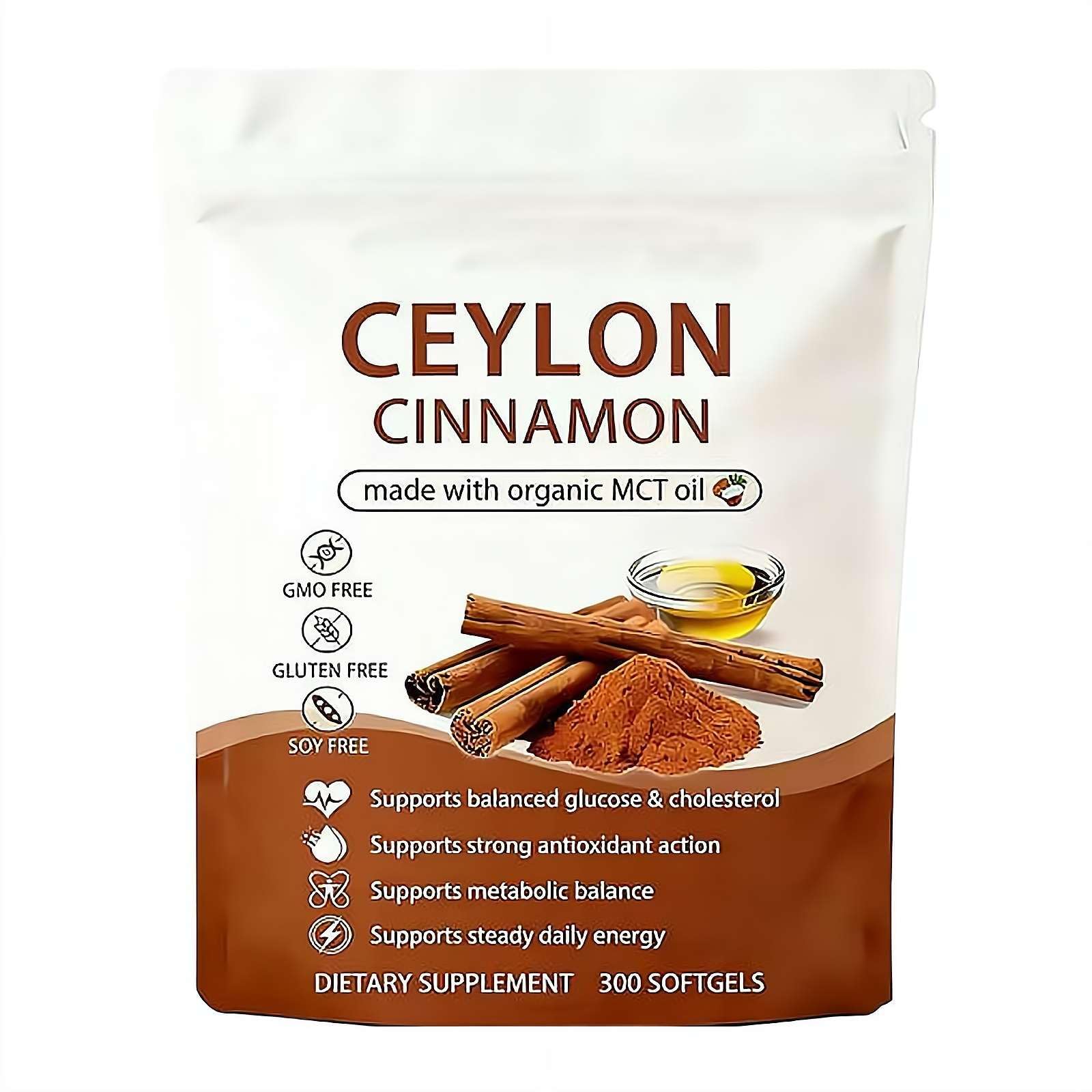 Ceylon Cinnamon Capsules z olejem MCT, wysoka absorpcja, bez GMO, bezglutenowe, 300 kapsułek żelowych