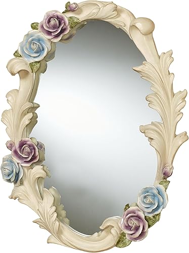 Touch of Class Espejo de pared ovalado floral con encanto rosa antigua púrpura y azul sobre marfil