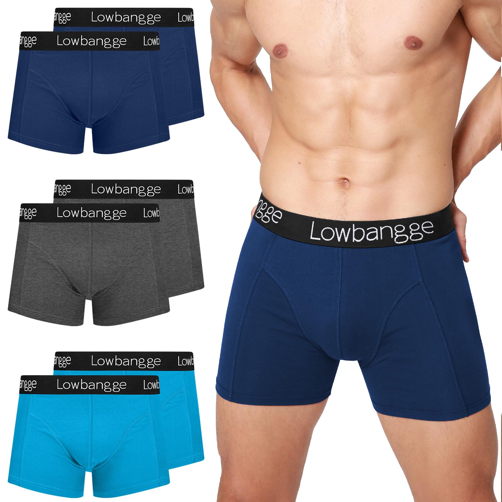 Lowbangge Boxershorts Herren (6er Pack) mit 3D Anti-Rutsch-Bund & 3cm längeren Beinansatz – 24h Premium Komfort gegen Druckstellen für Büro, Sport und Alltag