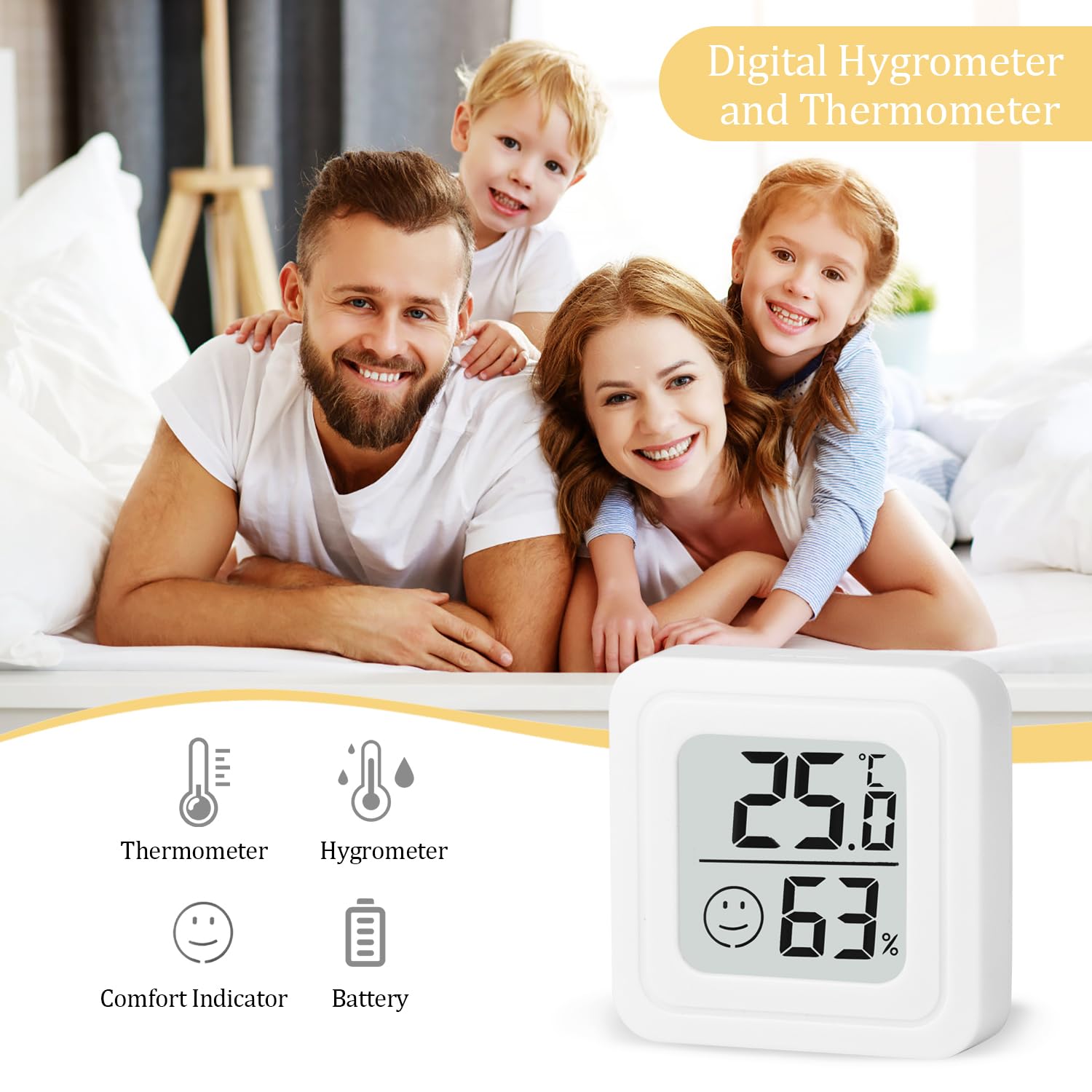 Mini Higrómetro Termómetro Interior 4 Pcs Higrometro Termómetro Digital Casa Pantalla LED con Logo de Confort para Termometro Ambiental para Hogar Oficina Dormitorio Jardín