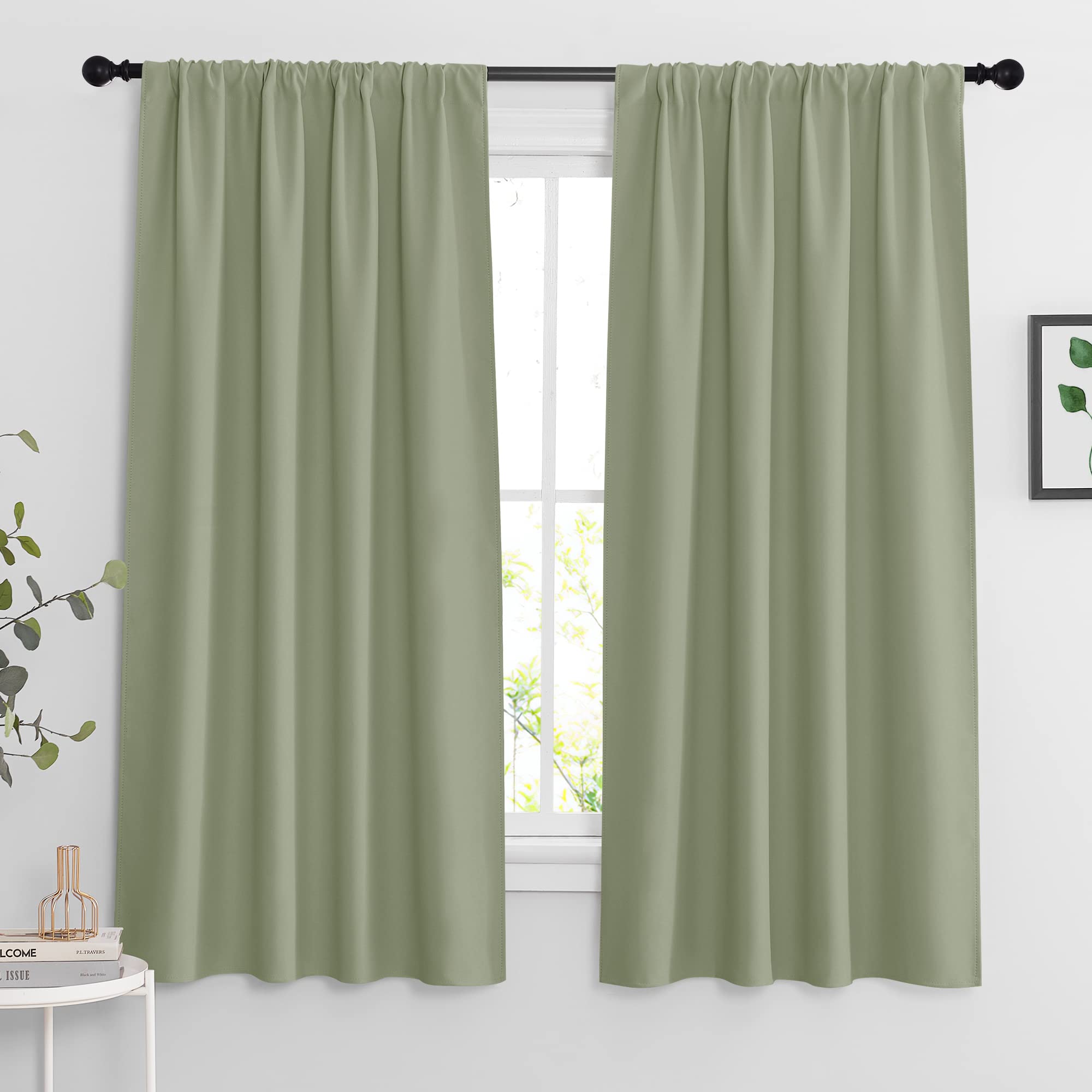 RYB HOME Sage Green 63 inch Curtains for Living Room, Blackout Window Drapes Light Blocking and Noise Reducing Panels for Boys Bedroom Nursery, W 42 x L 63 inchs, Set of 2, Sage Green
