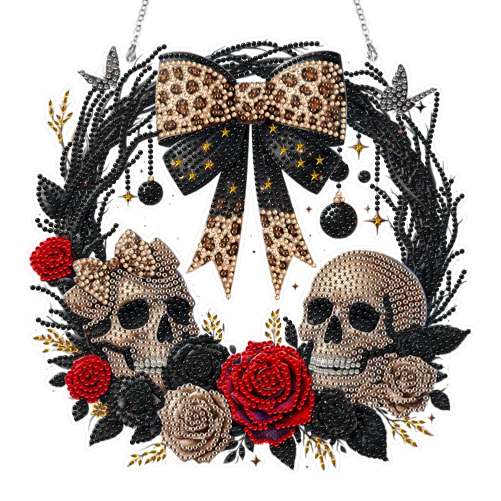 Getbstoop C Halloween Painting Wreath Kit Acryli Special Shape Halloween Skull Rhinestone Diamond Art Pendants 5D Diy Painting Wreath Pendant For Garden Window Decor