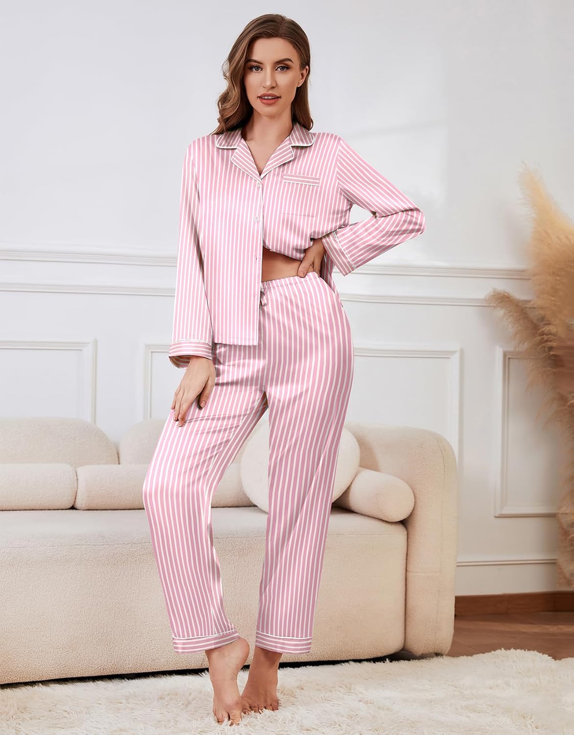SAPJON Satin Silk Pajamas for Women Set 5PCS Classic Button Down Pajamas Top and Pants Cami and Ruffle Shorts Sleepwear - Image 2