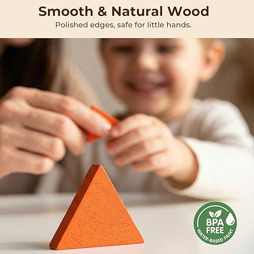 Miniatura 7 de LovesTown 209 piezas de bloques de madera con formas para niños, geométricos con tarjetas de actividades y bolsa de almacenamiento, rompecabezas