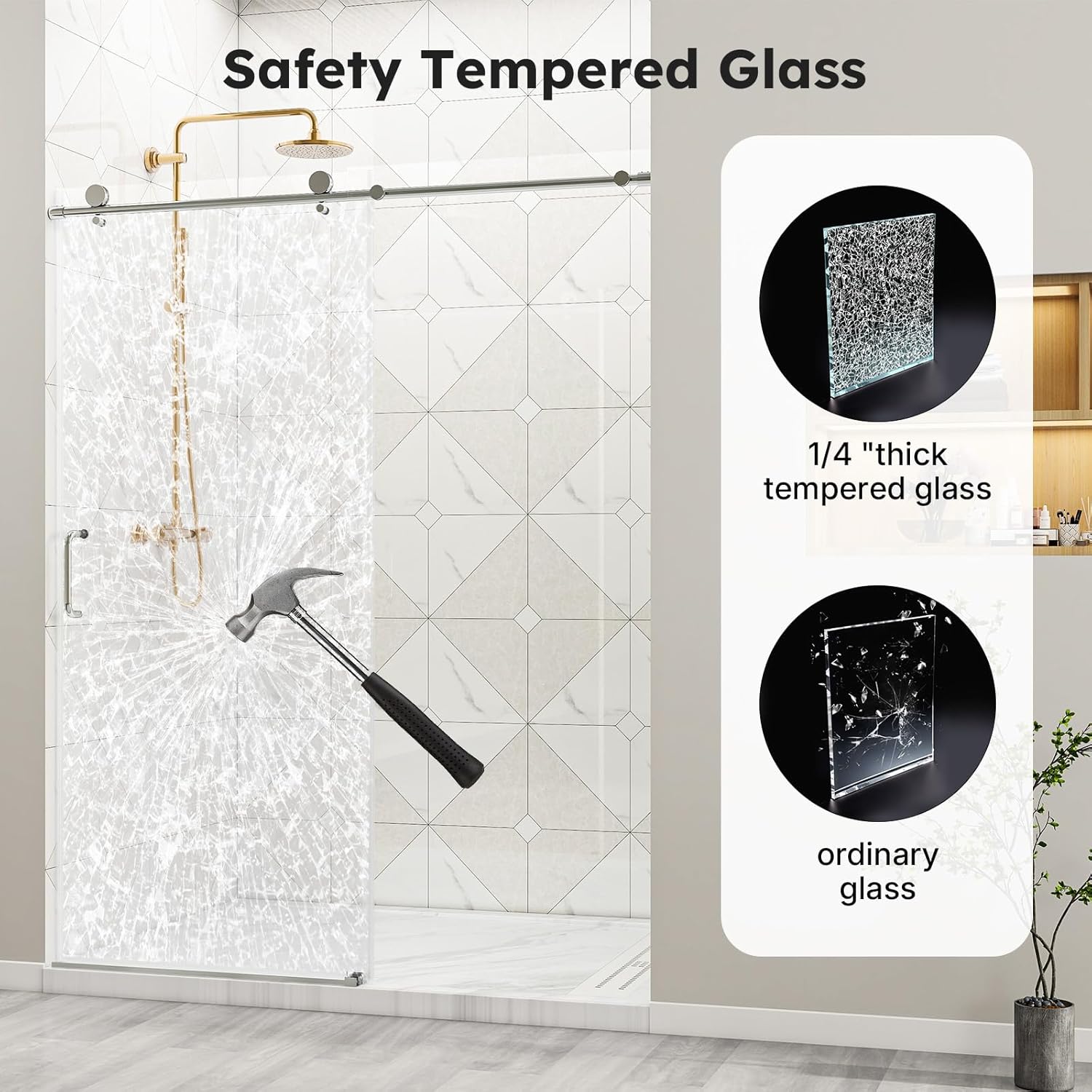 Zevemomo 56"-60" W x 76" H Frameless Sliding Shower Door, Single Sliding Door with 1/4'' Tempered Glass, Silent Soft-Close Shower Door, Explosion-Proof Film, Brushed Nickel