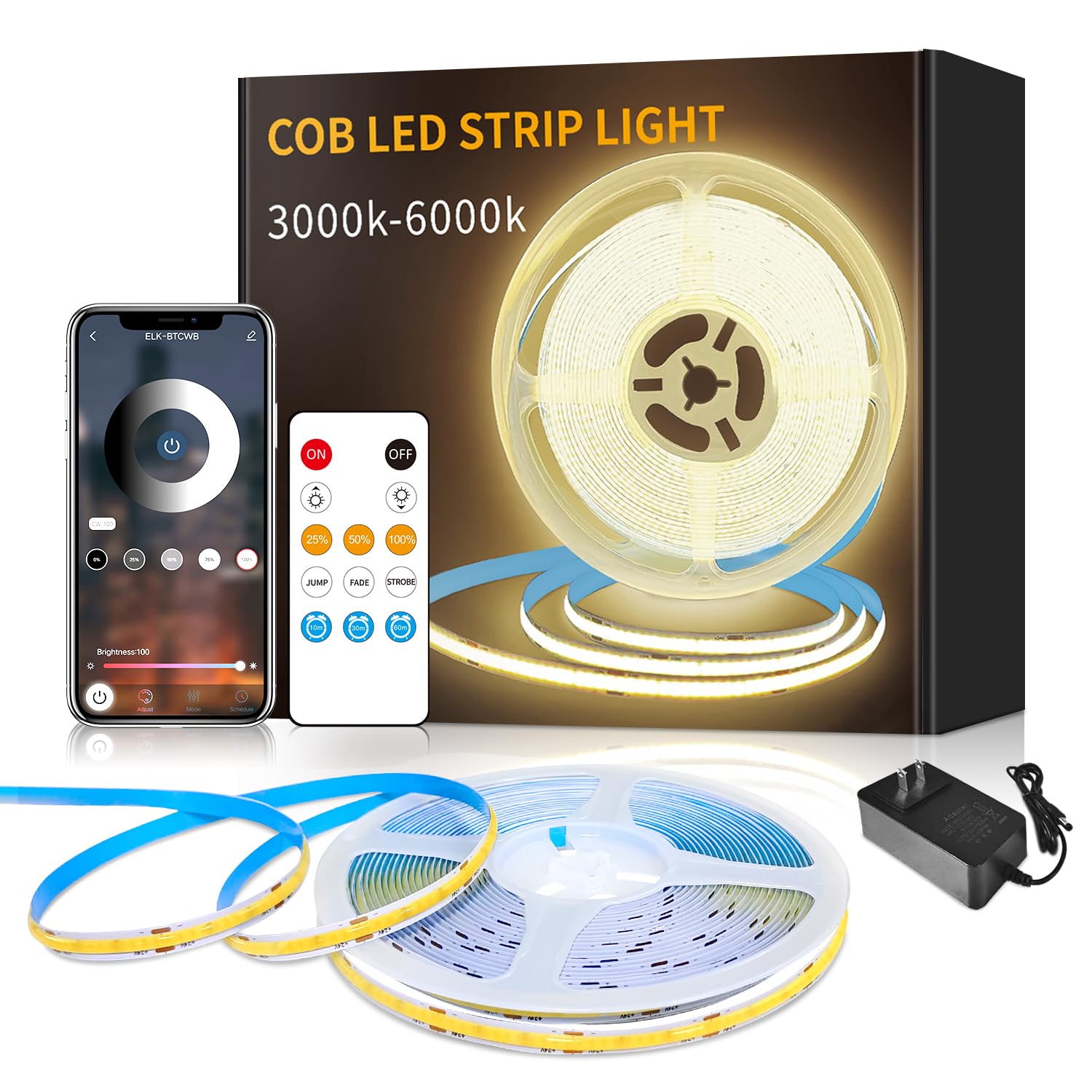 Tira de luz LED COB de 10 m, luz blanca cálida, regulable, CC, 24 V, 3000 K, flexible, para dormitorio, con control remoto y aplicación para decoración del hogar
