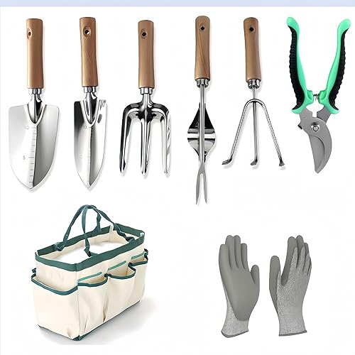 Juego de herramientas manuales de jardinería, 9 piezas de herramientas de jardín con bolsa de almacenamiento de nailon, tijeras de podar,