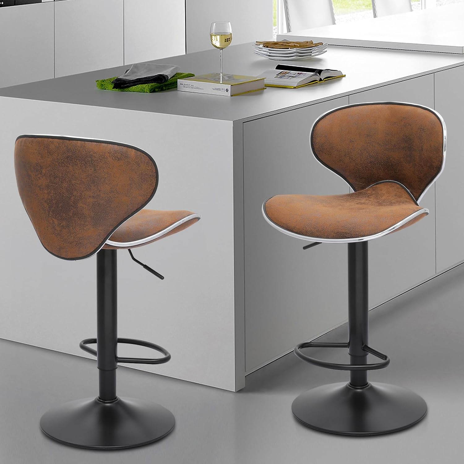 Magshion Faux Leather Bar Stools Adjustable 360 Degree Swivel Backrest Footrest Barstool Set of 4, Coffee Color