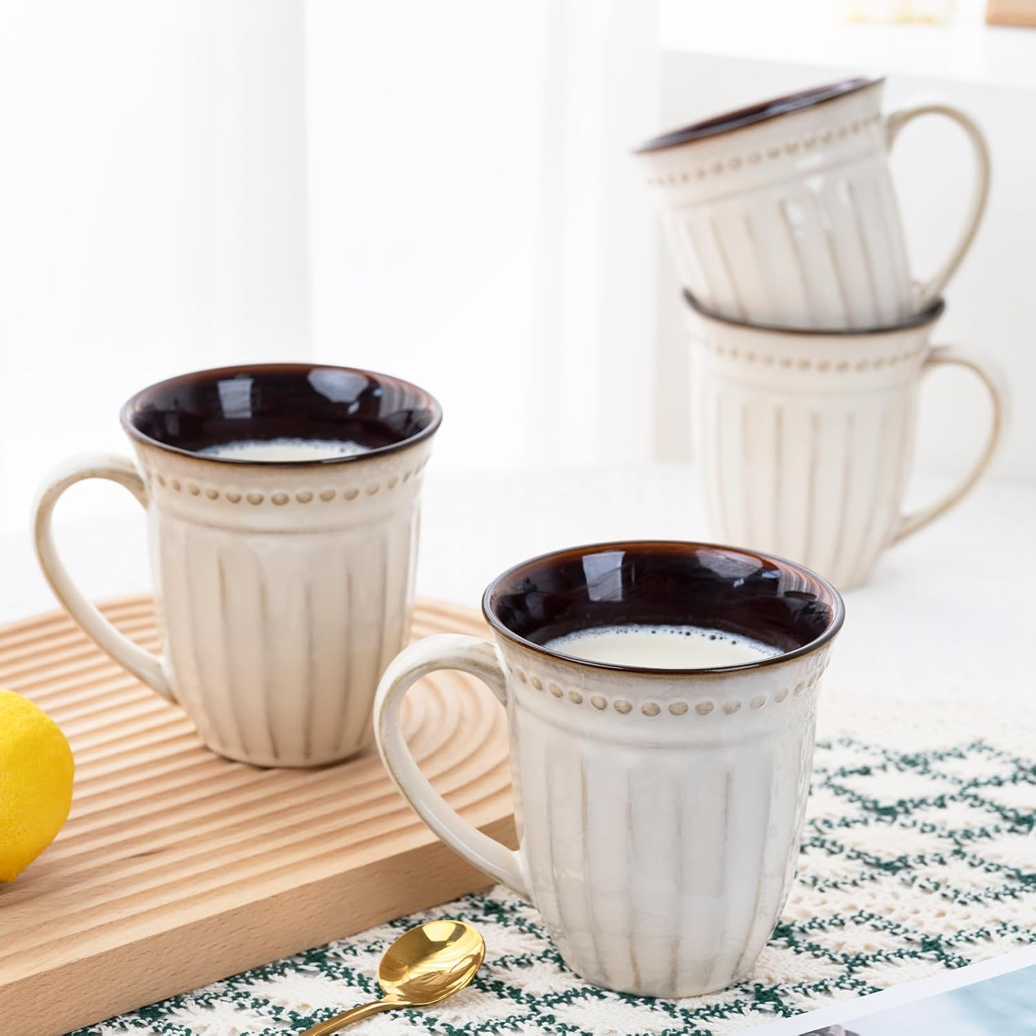 12oz French Perle Groove Ceramic Mugs Set of 4, Off White Pearl Texture, Dishwasher Microwave Oven Safe, for Latte, Cappuccino, Tea, Espresso & Hot Cocoa, Ideal Gift for Him, Her, Dad & Mom