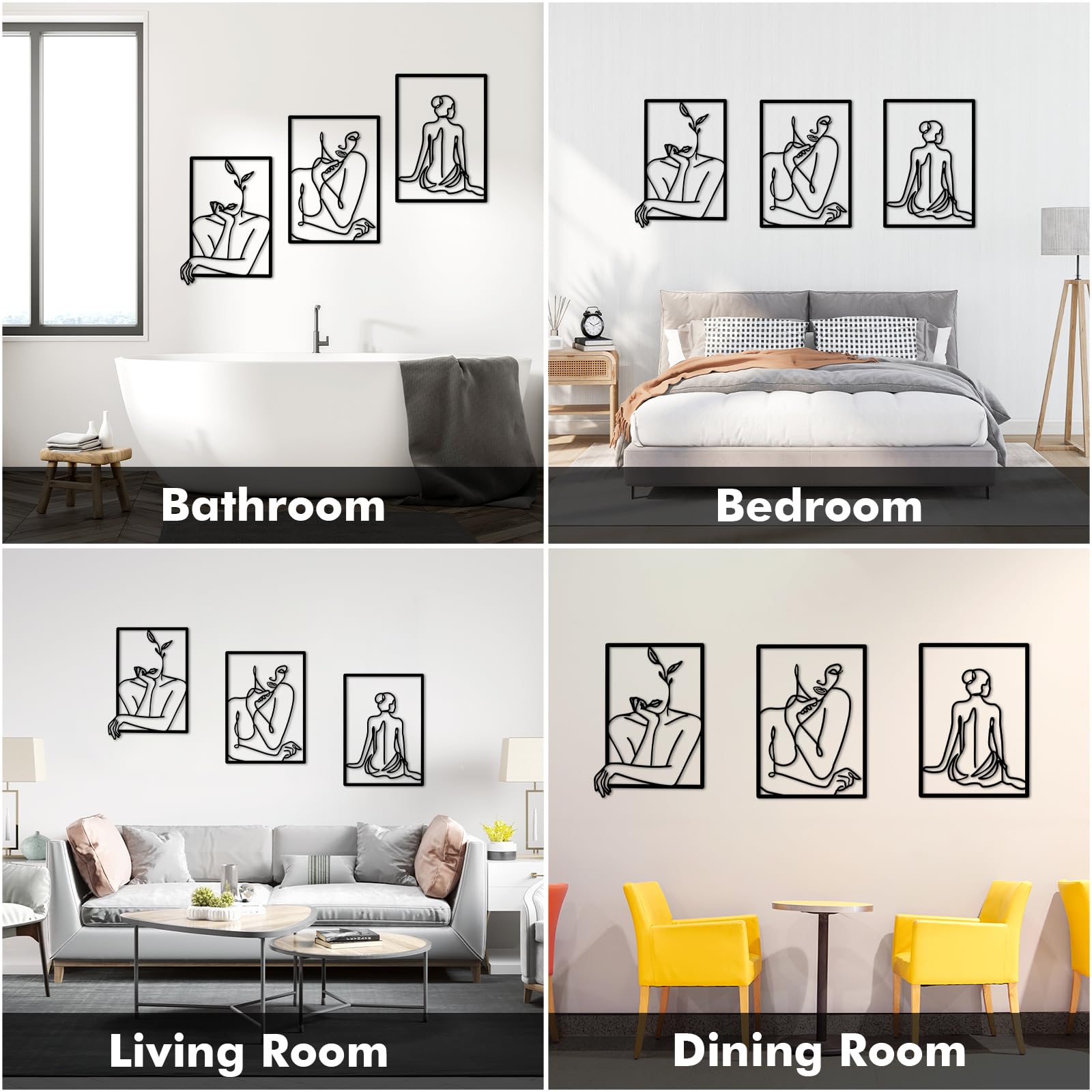 3 Pièces Déco Murale Métal Noir – Silhouettes Féminines Abstraites Modernes 25x35 Cm