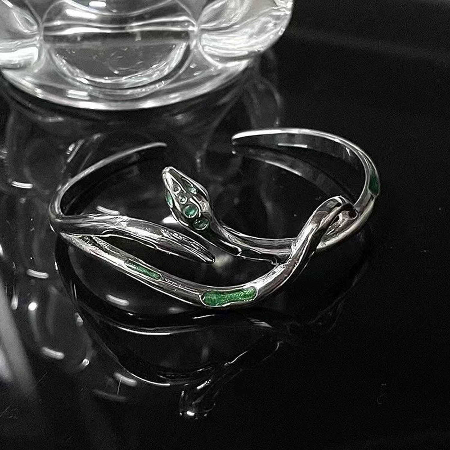 Green Crystal Snake Bracelet Open Snake Cuff Bangle Bracelet Adjustable Serpent Wrap Wirst Bracelet Silver Bendable Serpent Animal Cuff Bangle Hand Jewelry for Women - Image 3