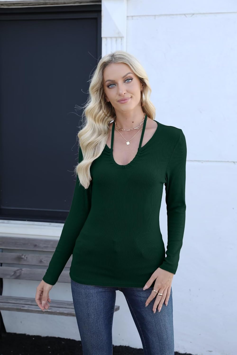 VICHYIE Womens Fall Clothes Long Sleeve Shirts Halter V Neck Ribbed Knit Slim Fitted Basic Casual Tops - Image 3
