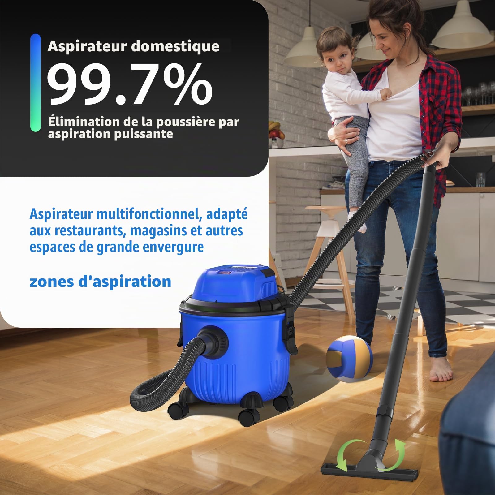 Aspirateur sec et humide 3-en-1, aspirateur industriel avec moteur puissant de 2000W, fonction de soufflage, réservoir de 15L, filtres HEPA lavables, pour la maison, l'atelier et l'usage professionnel