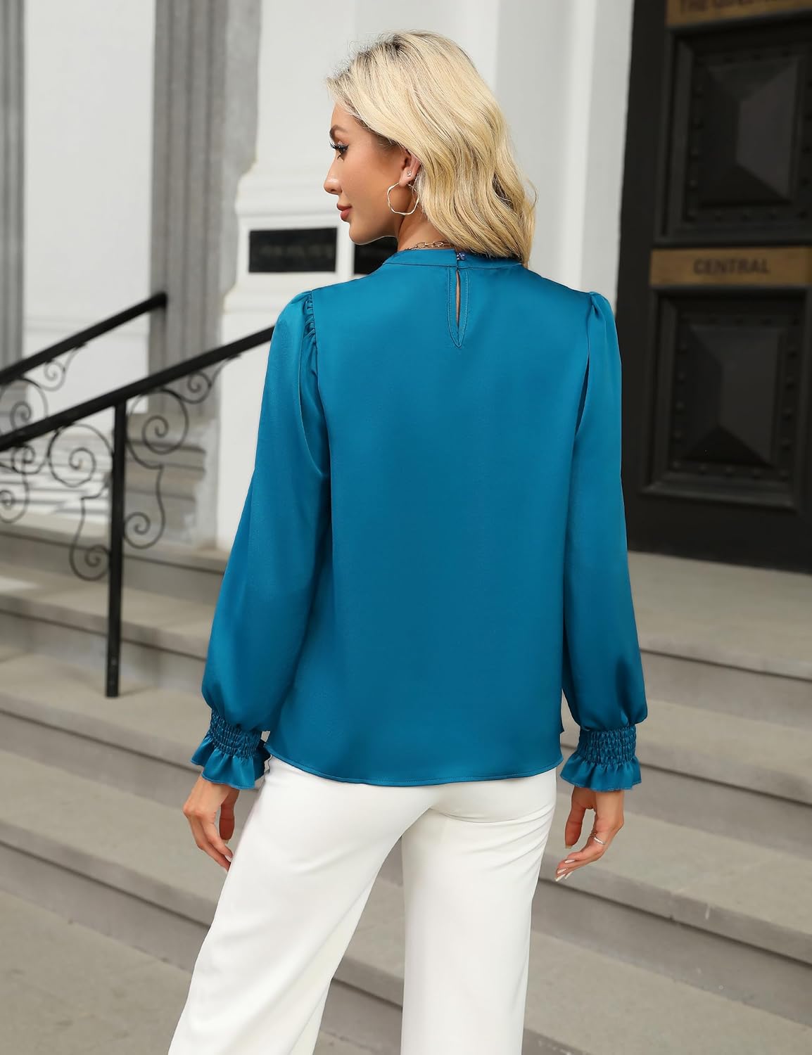 BMJL Womens Dressy Casual Blouse Black Long Sleeve Shirts Satin Silk Keyhole Business Work Tops Fall Outfits 2025 - Image 3