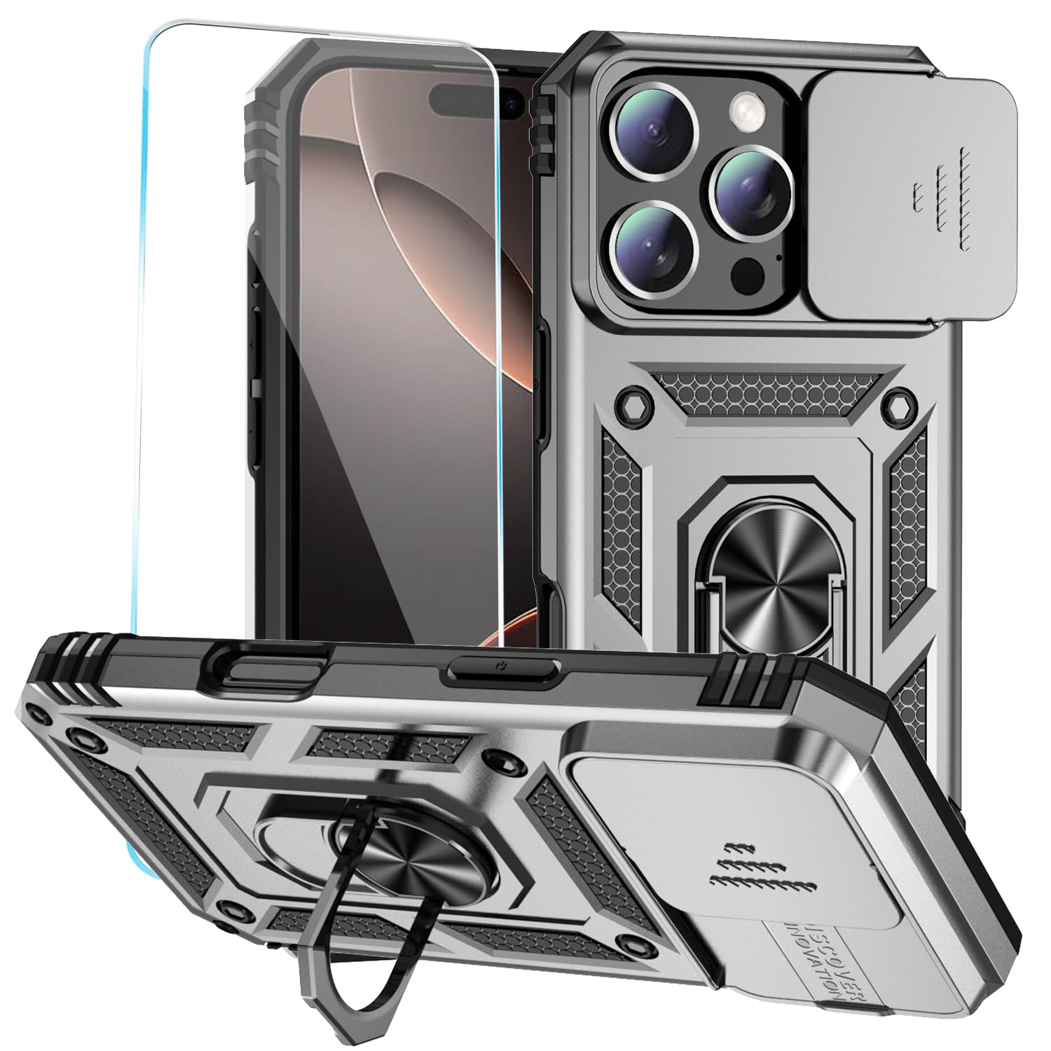 SunStory Phone Case for iPhone 16 Pro Max Case with HD Screen Protector & Slide Camera Cover & Rotated Ring Kickstand, [Military-Grade] Phone Case for