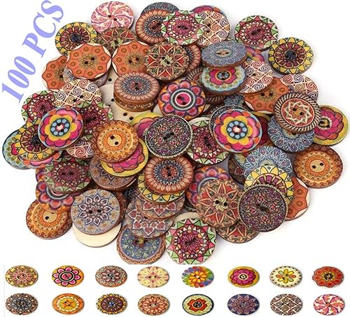 Buttons for Sewing Supplies-100 PCS Crafts Assorted Wooden Large Button-2 Hole Handmade Shirt Buckle Ornament Retro Snap for Clothes DIY & Holiday Decoration-Mix Round Flower Painting Sewing Clasp