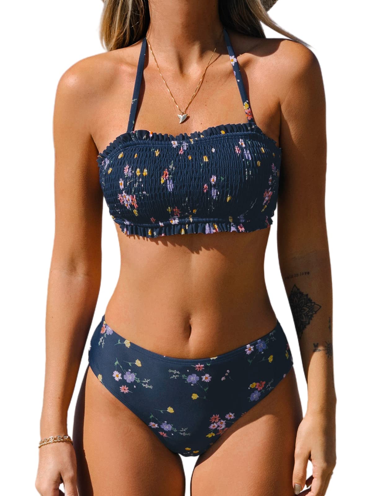 CUPSHE Ensemble bikini dos nu bandeau volants bretelles amovibles motif floral smocké maillot de bain deux pièces maillot de bain bleu marine floral XL