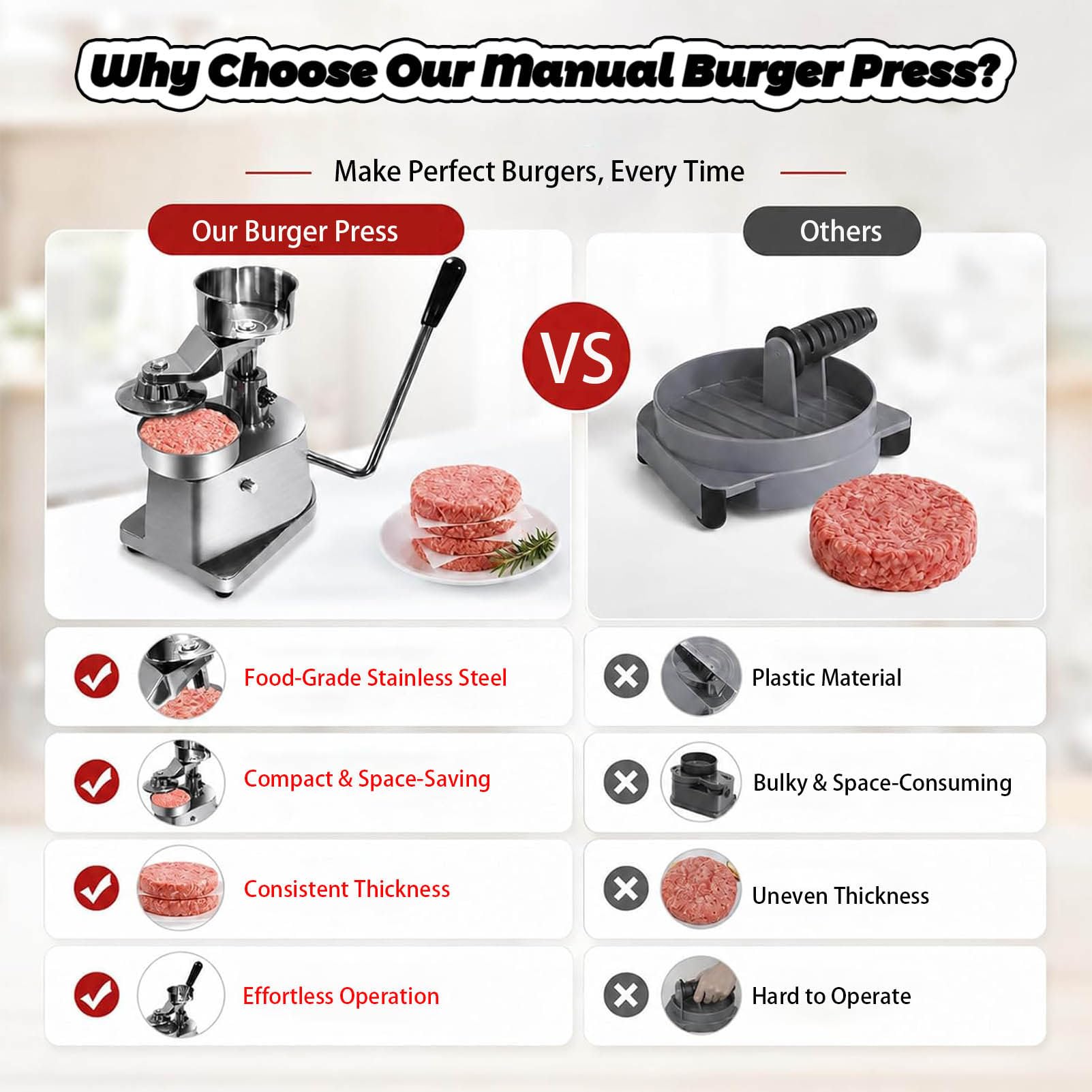 Komercyjny przyrząd do pieczenia ciasta do burgerów, hamburgerów, do pieczenia ciasta wołowego, wytrzymała prasa do burgerów ze stali nierdzewnej klasy spożywczej, kuchenny procesor do