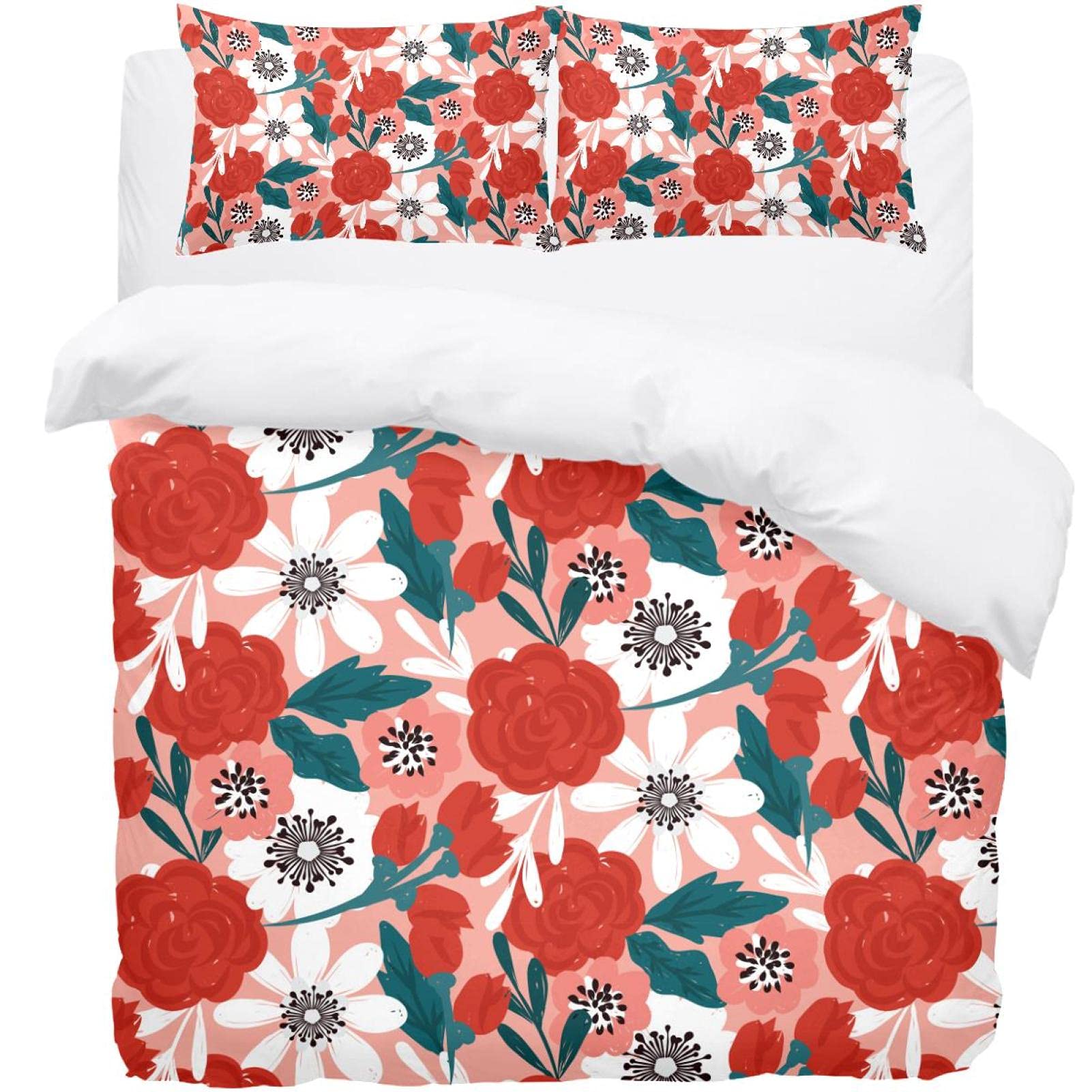 Housse de couette motif floral rouge/blanc : la solution pour un lit harmonieux en un seul geste