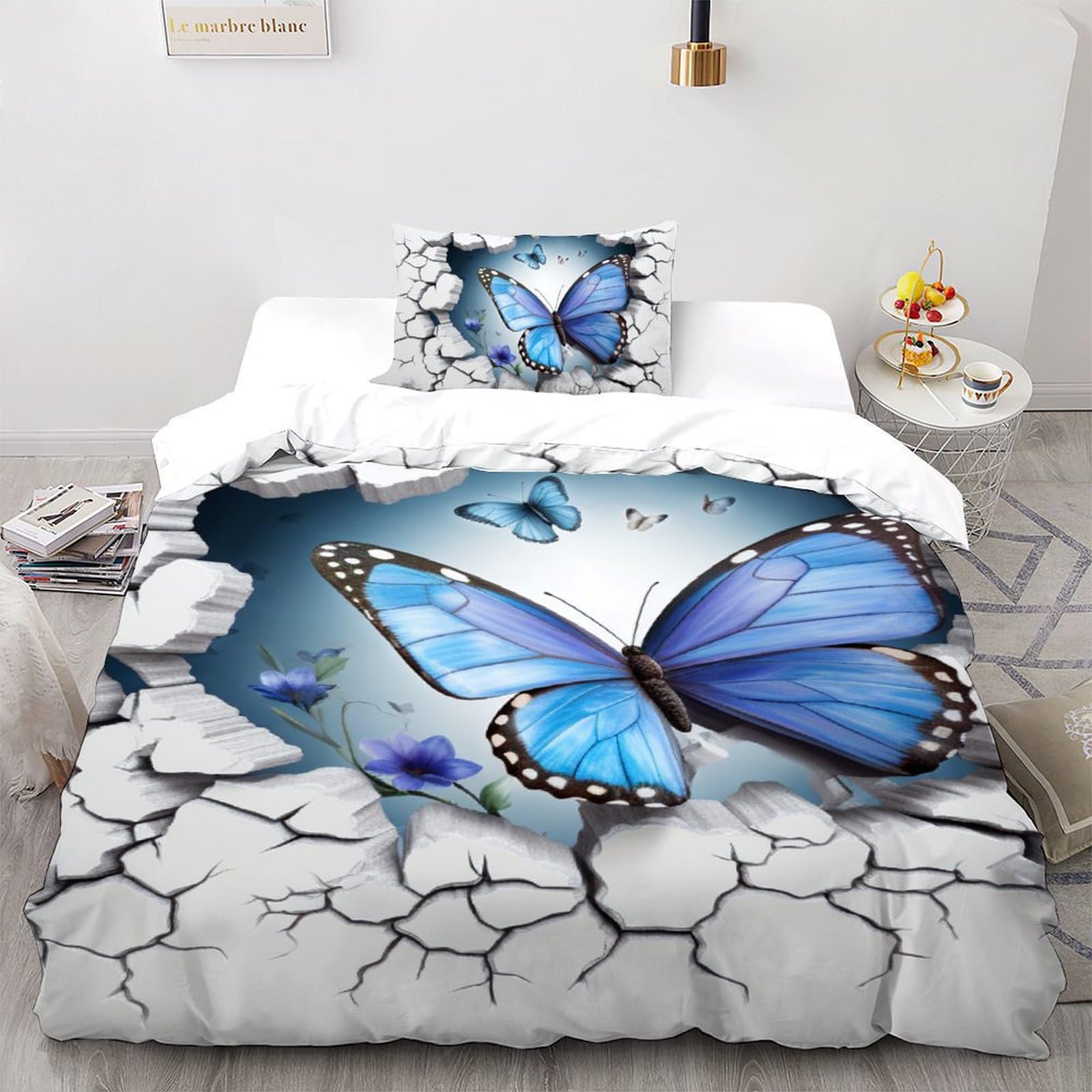 Housse de couette papillon bleu 135x200 cm avec sa taie d'oreiller en microfibre pour lit simple
