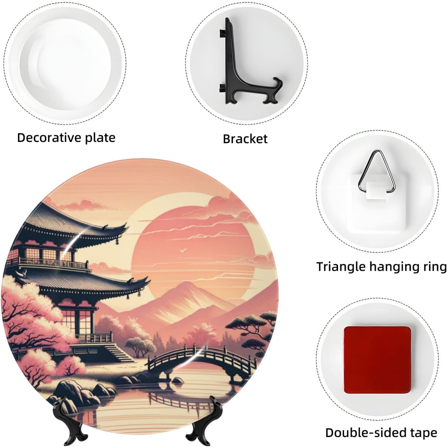 Japanese-Temple-Fuji-Sakura-Sunset 10 Inch Decorative Plate With Stand, Elegant Display Wall Plate For Home Decor