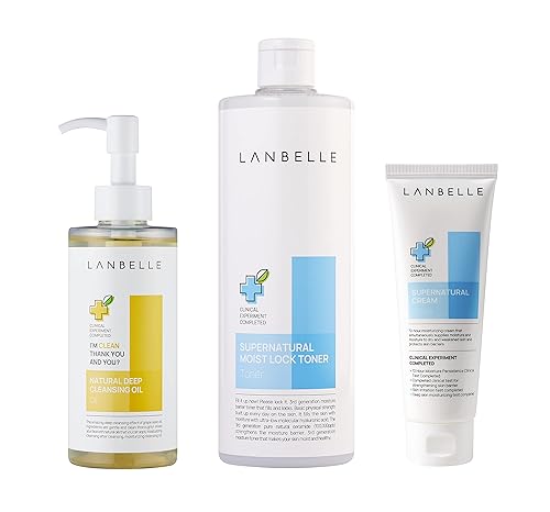 Lanbelle Aceite de limpieza profunda 6.76 onzas líquidas, tóner sobrenatural para bloqueo húmedo 16.9 onzas líquidas, crema sobrenatural, 2.53