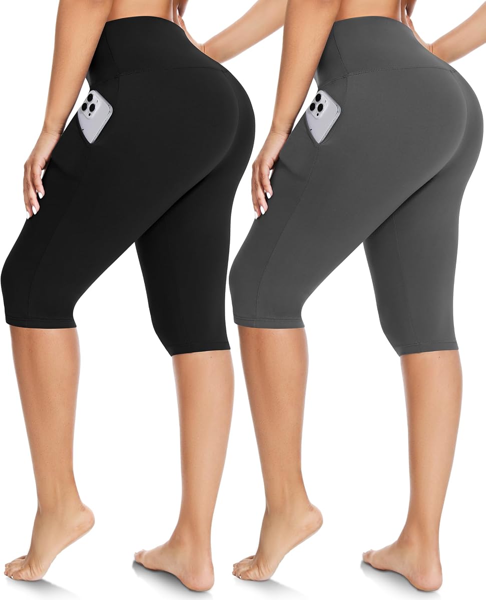 FULLSOFT Paquete de 2 leggings capri de cintura alta hasta la rodilla para mujer | Control de barriga, no transparente, pantalones de yoga de compresión, entrenamiento, atletismo, correr
