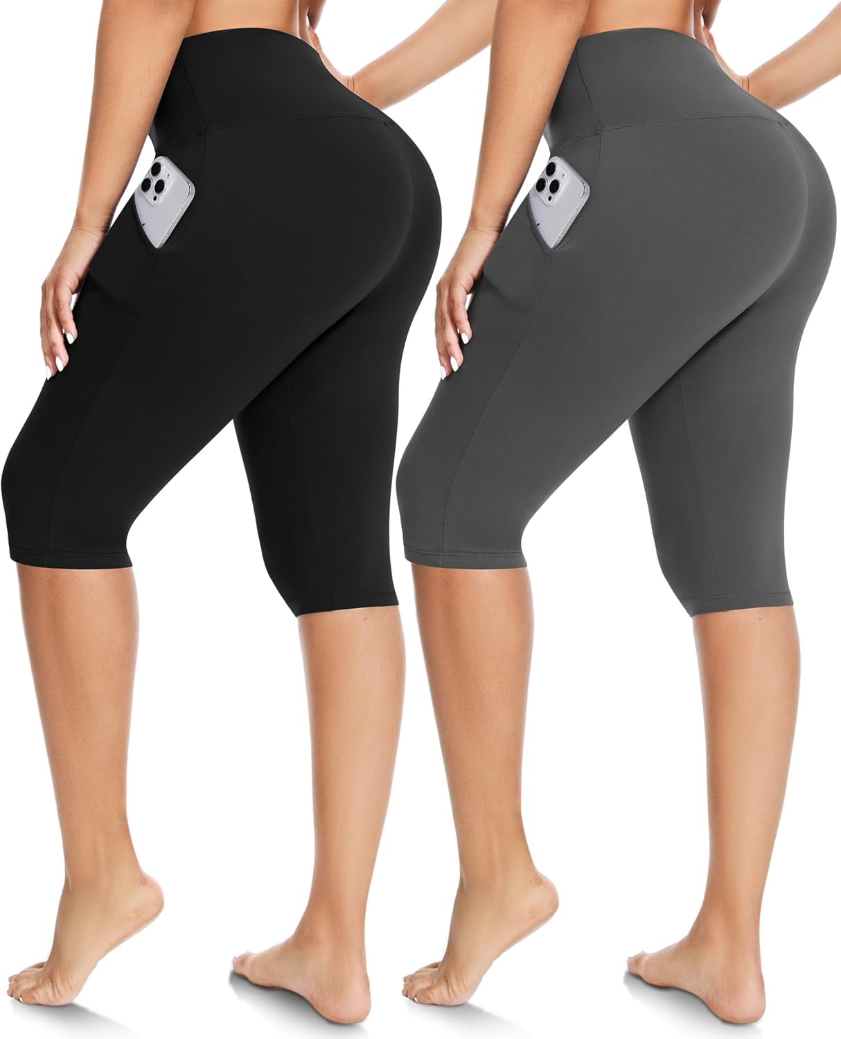 FULLSOFT 2 Pack Women's Capri Leggings - High Waisted Knee Length Capris Yoga Pants for Summer Casual Workout