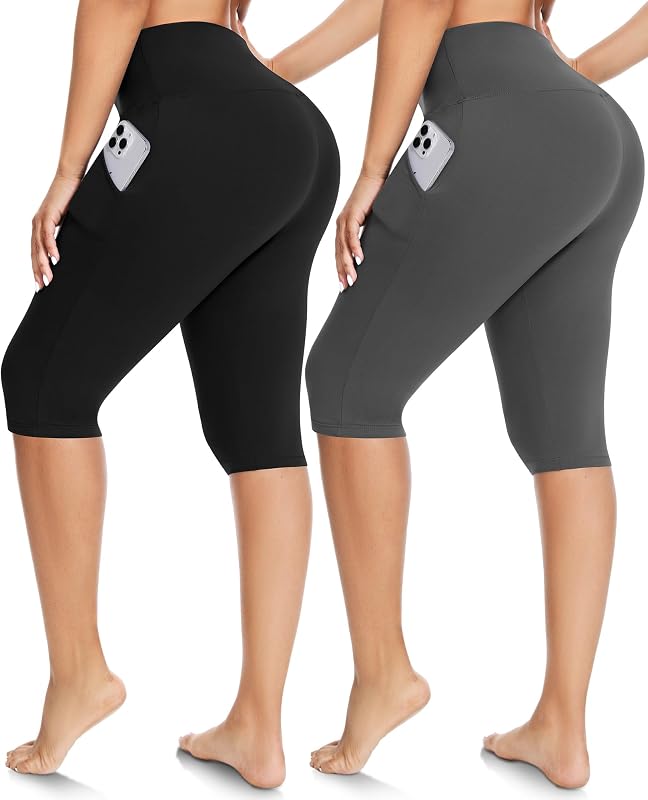 FULLSOFT Paquete de 2 leggings capri de cintura alta hasta la rodilla para mujer | Control de barriga, no transparente, pantalones de yoga de compresión, entrenamiento, atletismo, correr