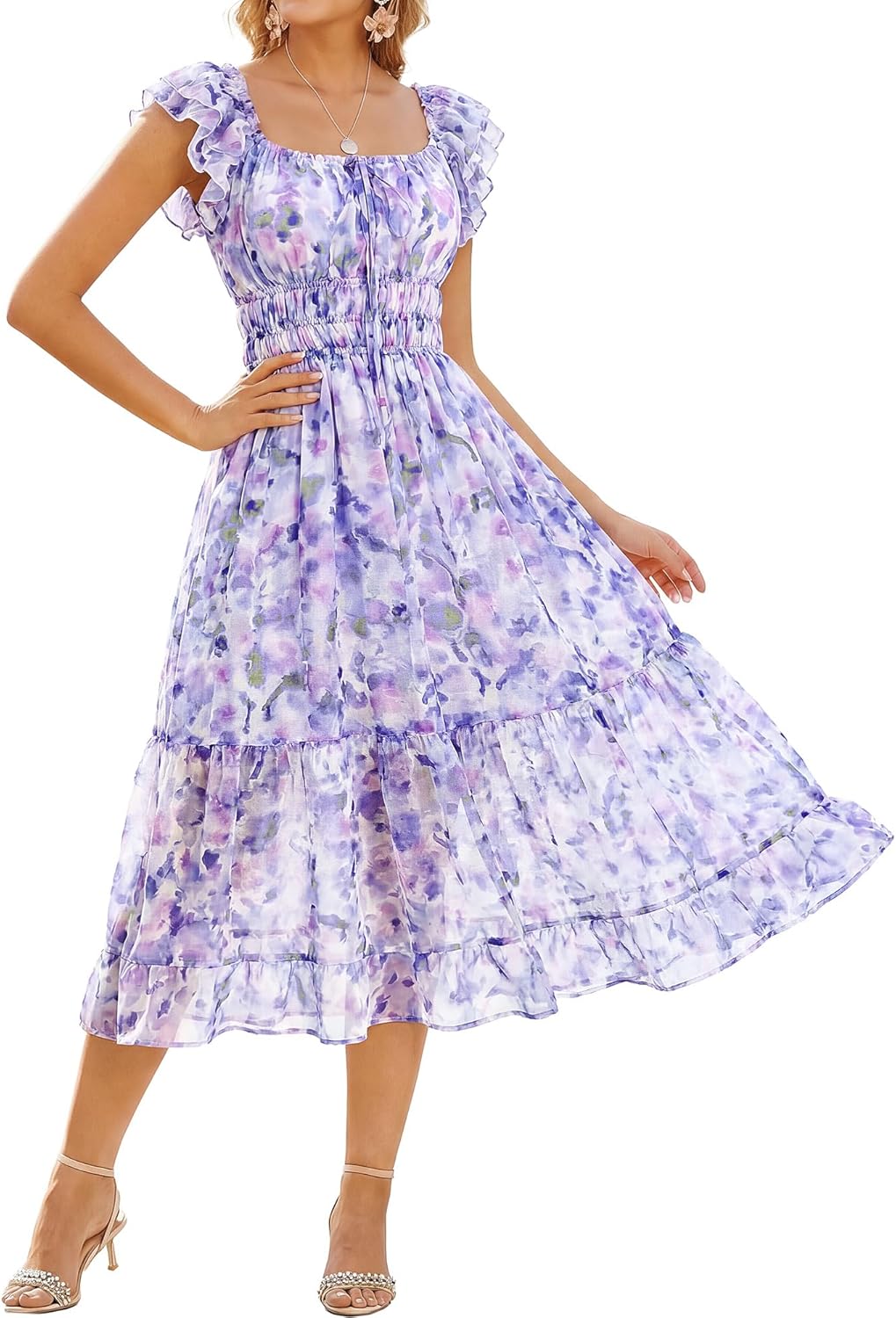 GRACE KARIN 2026 Women's Spring Floral Midi Dress Square Neck Beach Wedding Guest Dresses Flowy A Line Casual Summer Clothes