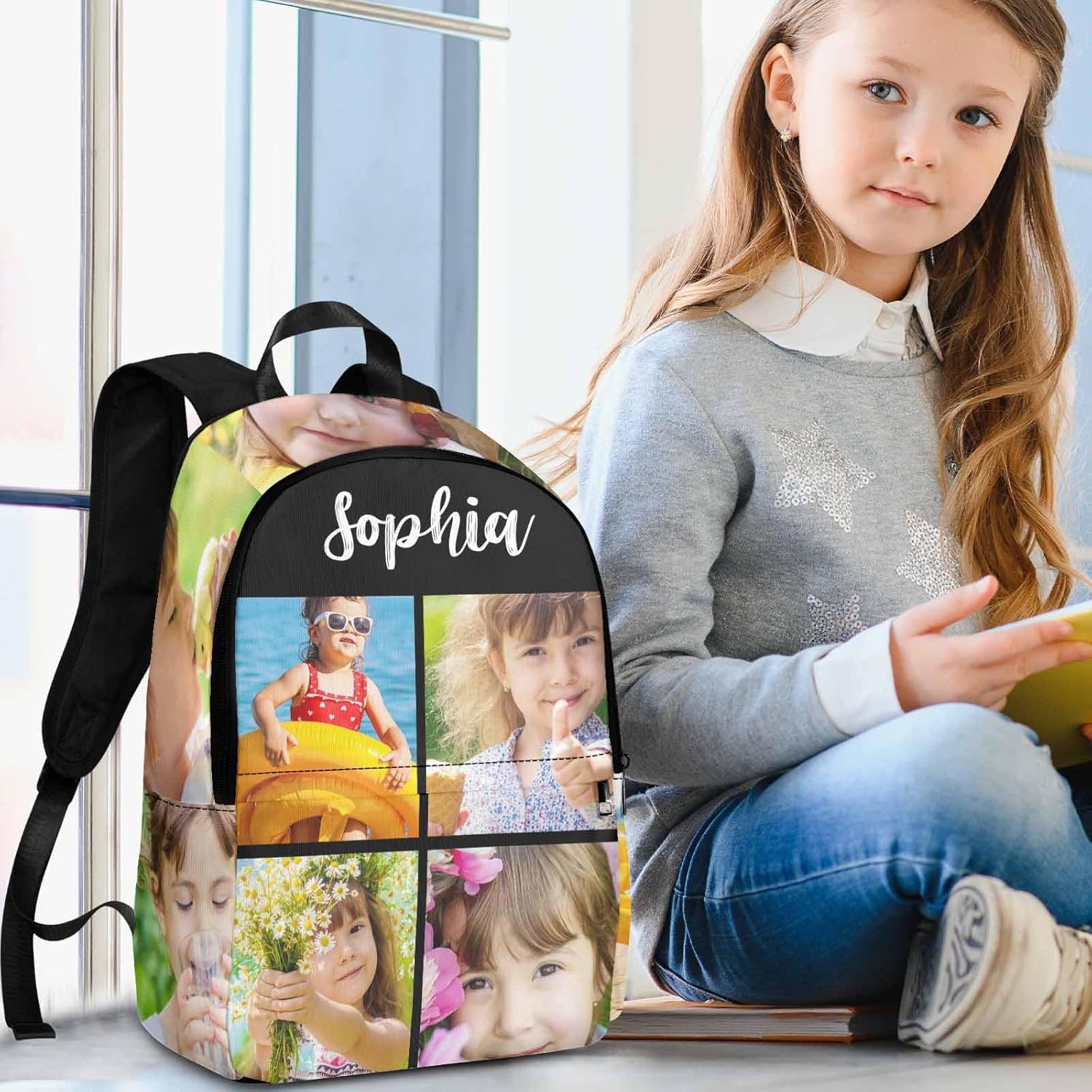 Personalized Backpacks for Girls Boys Custom Bookbag Lunch Box Set for Kids Toddlers Waterproof School Daypack with 4 Photos Name Elementary School Travel Daypack