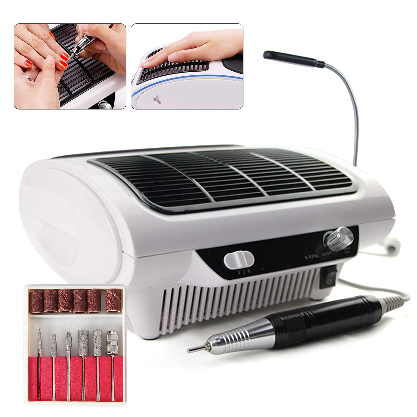 Elektrisches Nagelscheren-Set mit Absaugung, 24W, Weiß, 30000 U/min, LED-Lampe, Fußpedal, 6 Aufsätzen, Professionell, für Maniküre und Pediküre