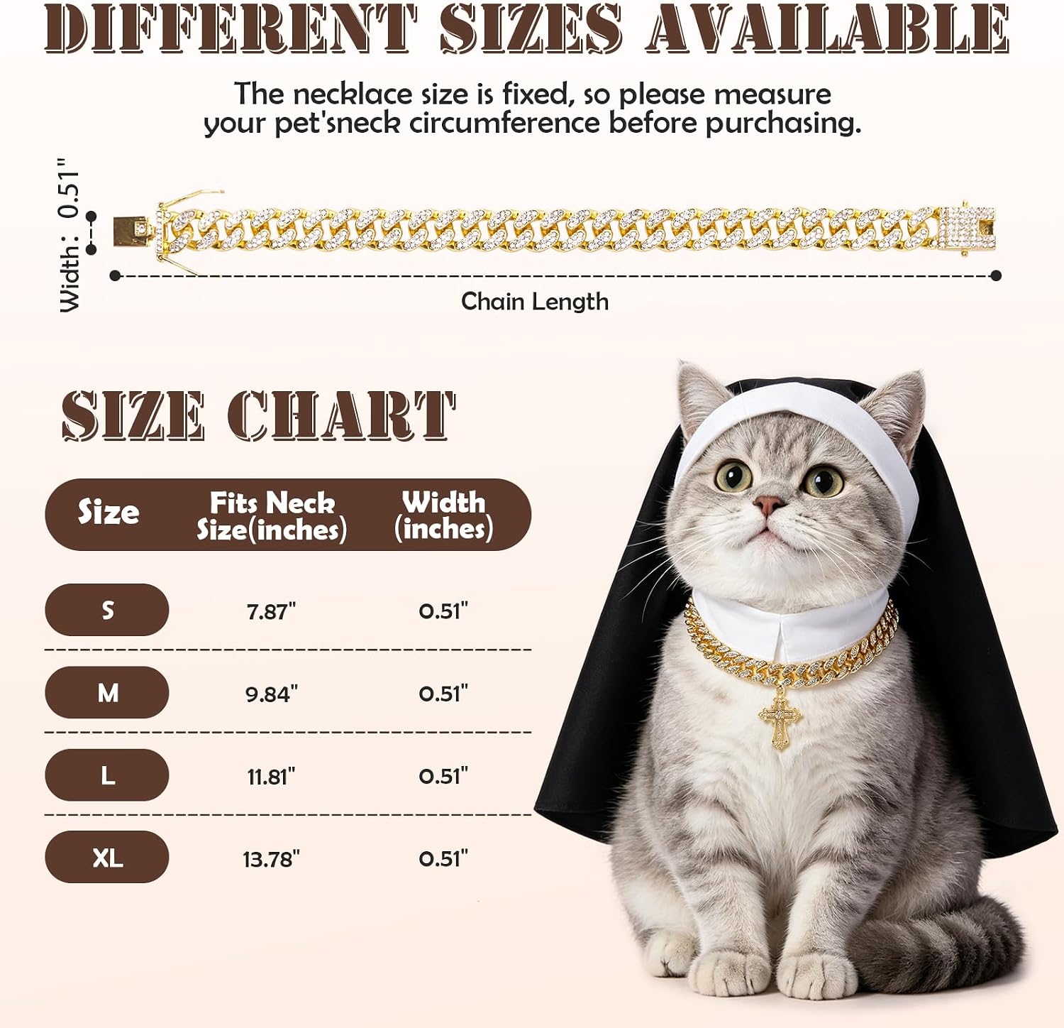 Cat Collar Diamond Gold Plated Cuban Link Chain Glitter Necklace with Cross Pendant Hip Hop Pet Accessories for Dog & Cat (Gold Cross, 20cm) image 2